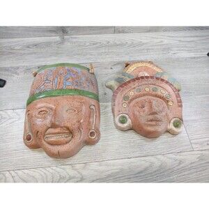 Lot of 2 Terracotta Mexican Tolteca Pottery Reproduction Clay Mask Wall Hanging
